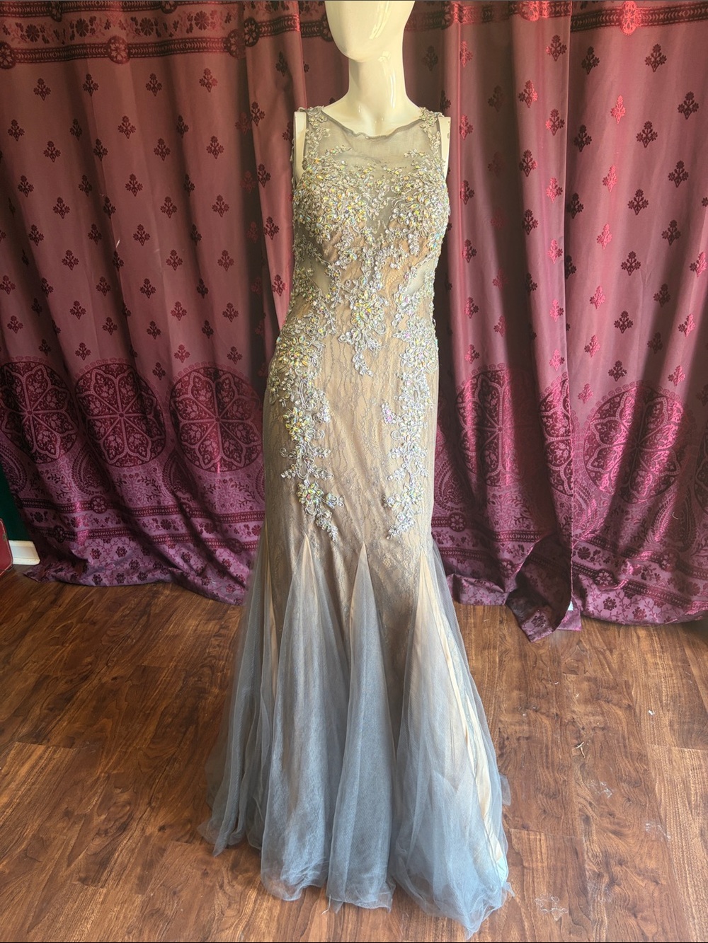 Jovani Prom Embellished Illusion Neck Gray Tulle Mermaid Gown Size 10